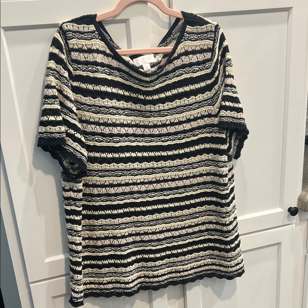 Belle by Kim Gravel Boho Pointelle Black and Cream Striped Knit Top